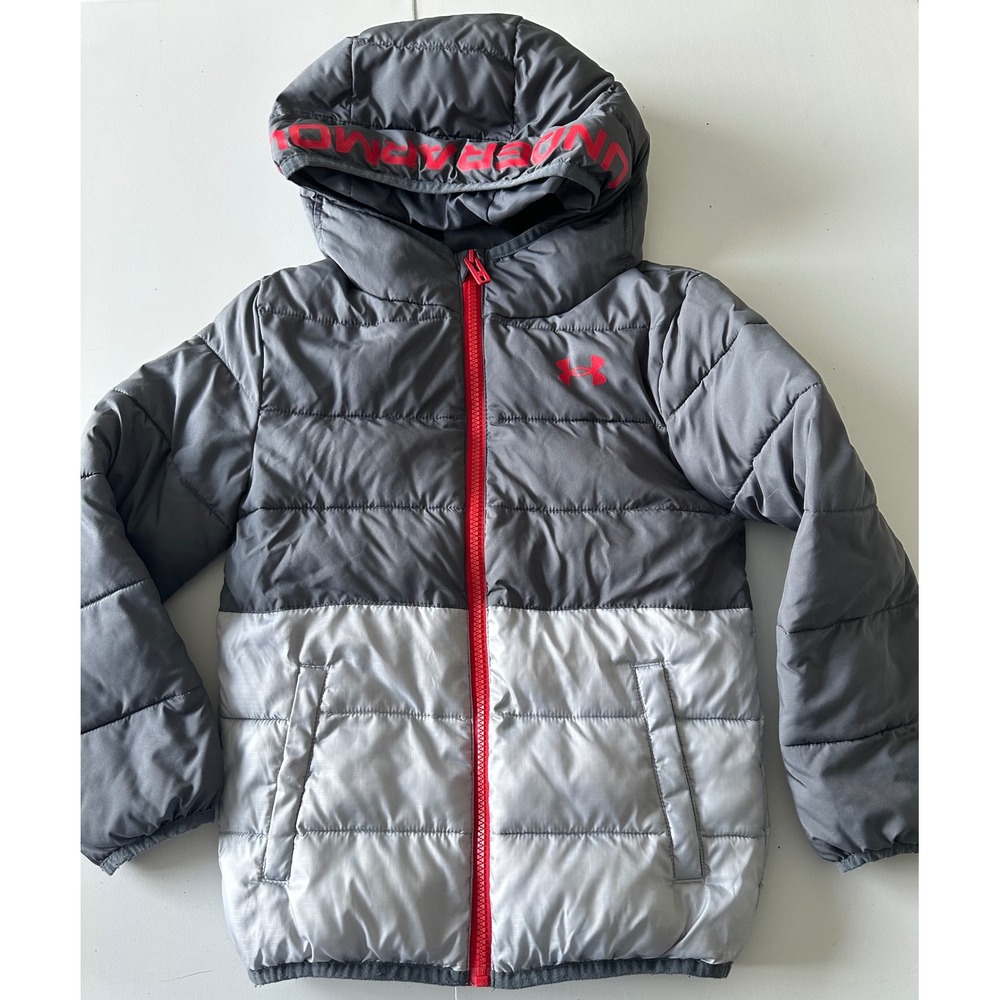 Under Armour Kids Gray Silver Colorblock Puffer Jacket Size 7 Full Zip Hooded